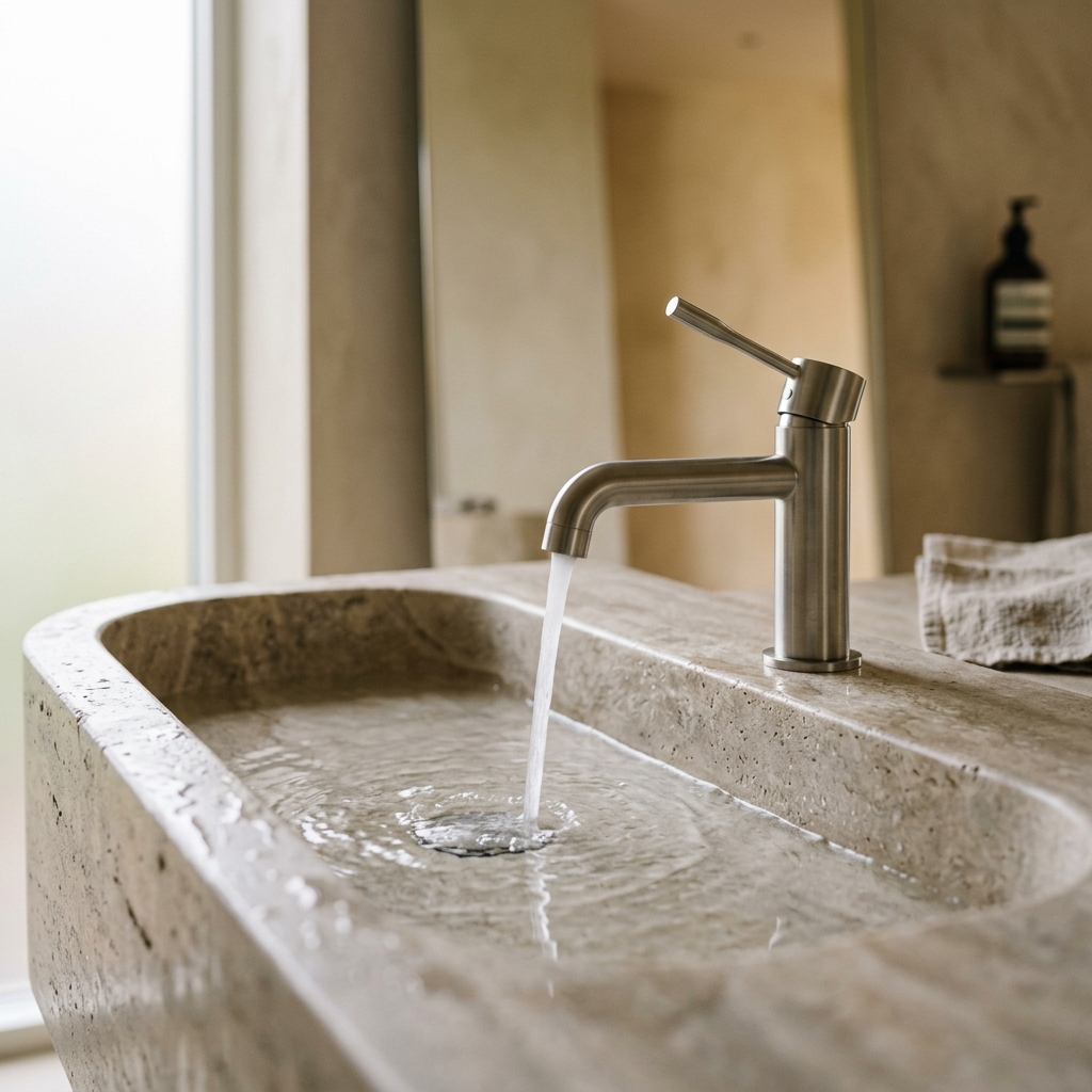 Modernes Badezimmer mit hellem Fliesenspiegel als Beispiel