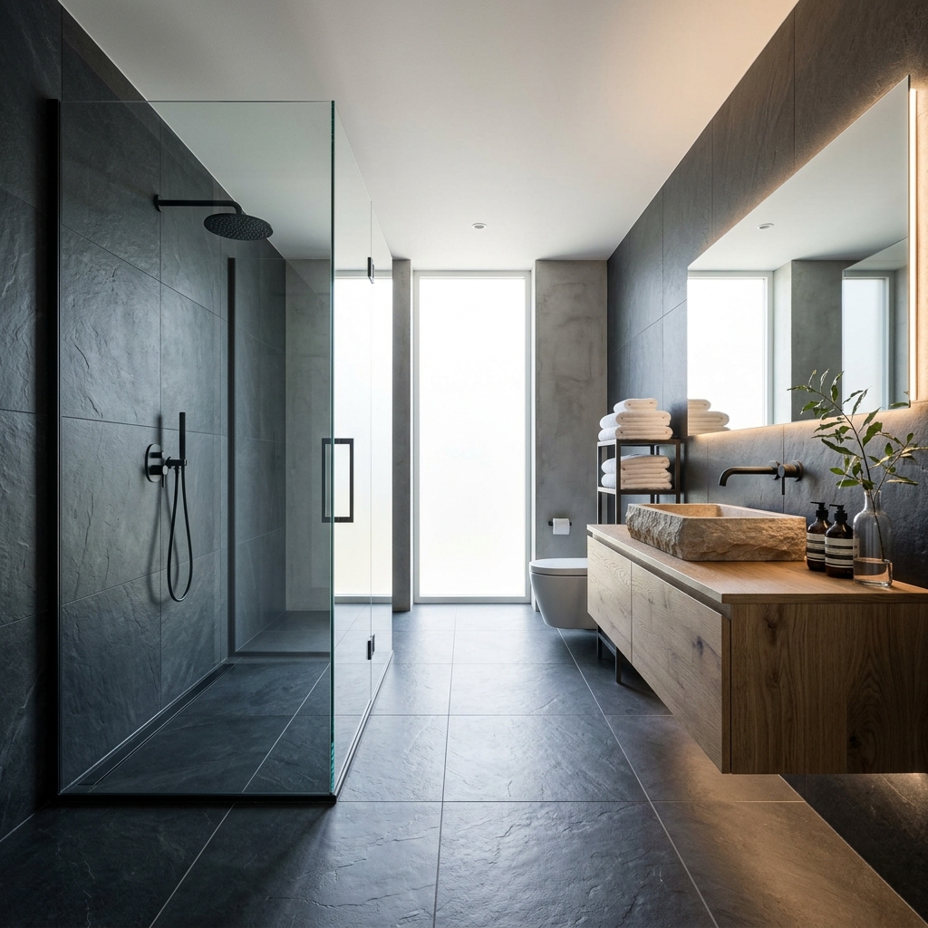 Modernes Badezimmer mit Dusche und Waschtisch als Website-Refresh Beispiel