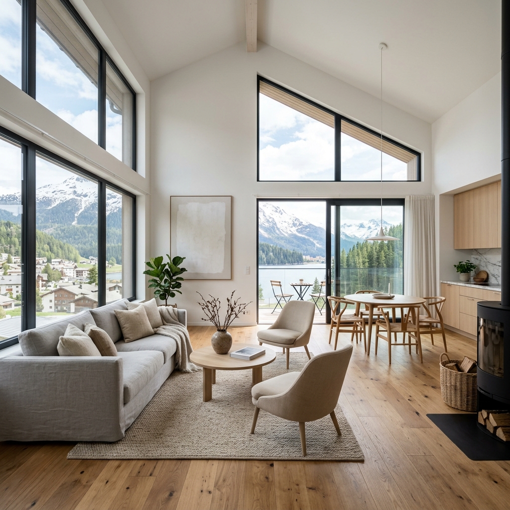 Modernes Wohnzimmer der Ferienwohnung mit stilvoller Einrichtung und großen Fenstern
